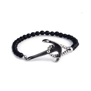 Anchor Hook Bracelet Black Lava Beads 8"